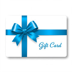 A white gift card with a blue ribbon and the words Gift Card in blue