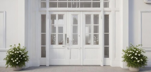 Elegant white door with square glass windows and dainty floral motifs, home decor, domestic