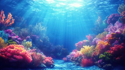 Fototapeta premium Vibrant Underwater Coral Reef Paradise: A mesmerizing view of a colorful and diverse coral reef ecosystem thriving in a sunlit ocean.