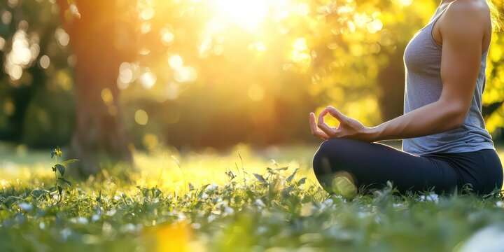 An attractive person practicing yoga outdoors, surrounded by nature and sunlight.