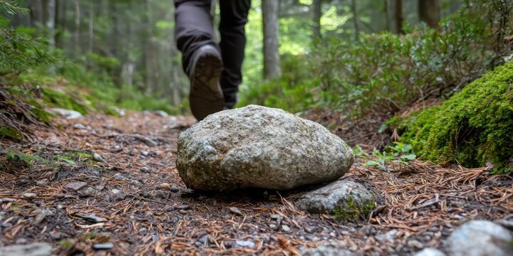 An individual stumbling over a loose stone while walking in a forest trail, showcasing a tripping hazard.