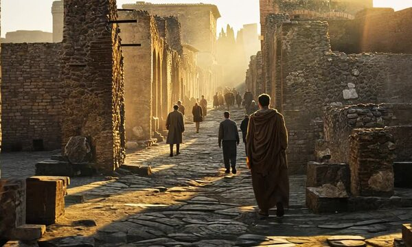 Figures walking through sunlit ancient Roman ruins, Pompeii.