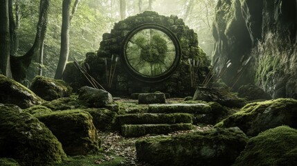 An archery range in a mystical forest with ancient ruins, Archery equipment positioned amidst moss-covered stones, Fantasy style