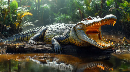 A crocodile with its mouth wide open sitting on a log in a swamp