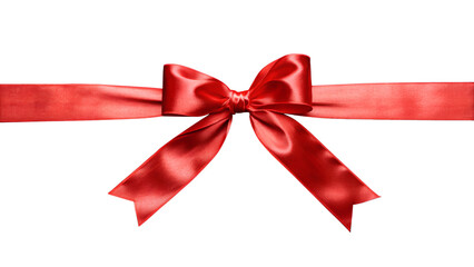 Flat lay view Shiny red satin ribbon bow on transparent PNG Background.