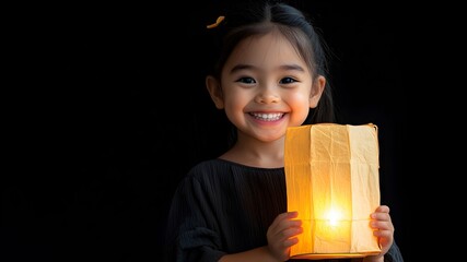 Smiling Girl with Lantern Against Dark Background