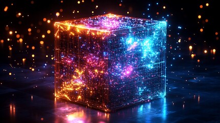 Fototapeta premium Glowing neon cube with particles.