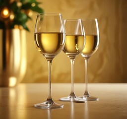 Elegant wine glasses filled with white wine on a glowing golden backdrop, golden, drink, backdrop, party, luxury
