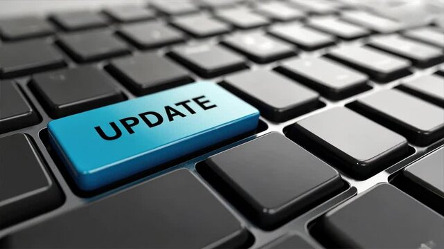 Blue update button on a computer keyboard with glowing text, representing real time traffic updates, navigation, and road traffic alerts in digital systemsm