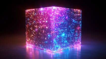Glowing neon cube with pink and blue particles.