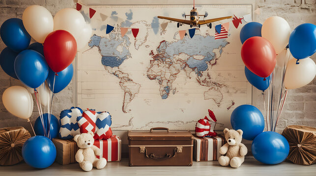 A photo of backdrop with blue balloons, small teddy bear, and a vintage airplane toy for birthday party backdrop decorations.