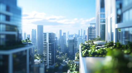 Cityscape with and buildings. Green, eco, city, skyscrapers, trees, roof, sky, ecology, glass. Ecology of trees on the roof of a building. Green trees and green roofs in a city with glass. Lifestyle.