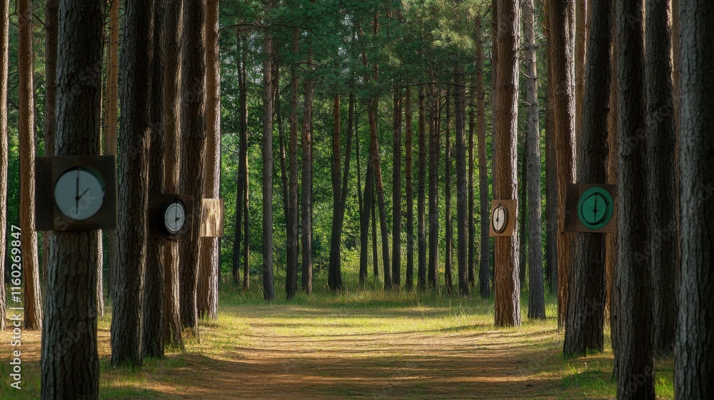 Poster an archery range nestled in a serene pine forest, targets placed among towering trees, forest tranqu