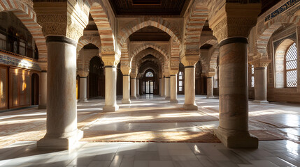Magnificent Hallway of Mosque with Grand Arched Design and Stone Columns : Generative AI