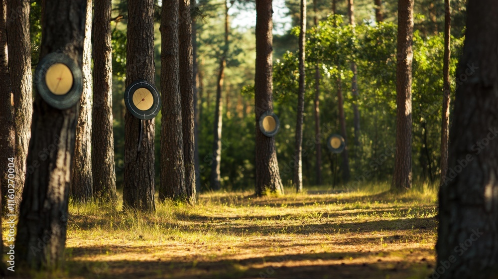 Poster an archery range nestled in a serene pine forest, targets placed among towering trees, forest tranqu