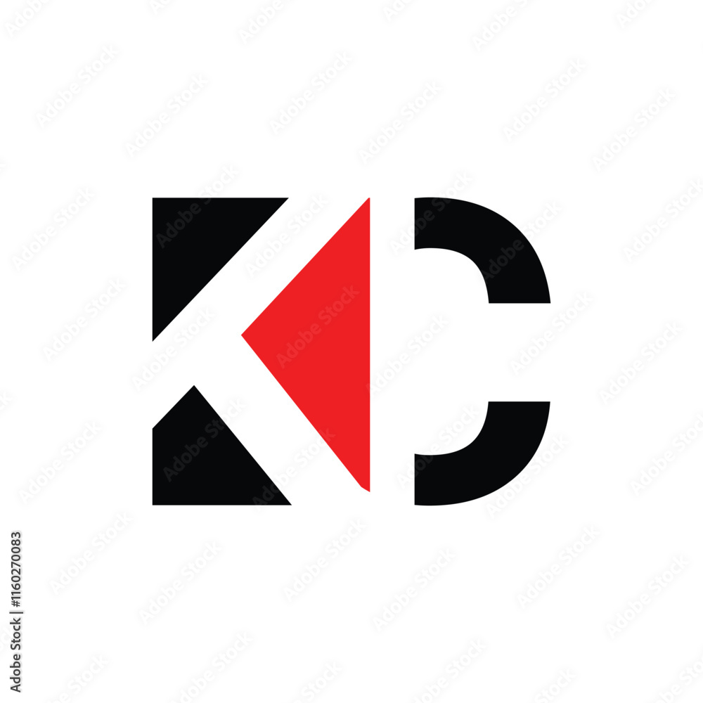 Poster the image shows a flat monogram logo design of an initial letter kc in black color with a red triang