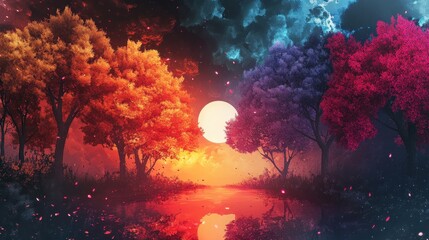 Obraz premium Colorful Trees Reflecting in a Still Lake at Sunset