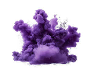 Bright purple smoke powder explosion clouds, dynamic movement, abstract art isolated on white or transparent png ,


