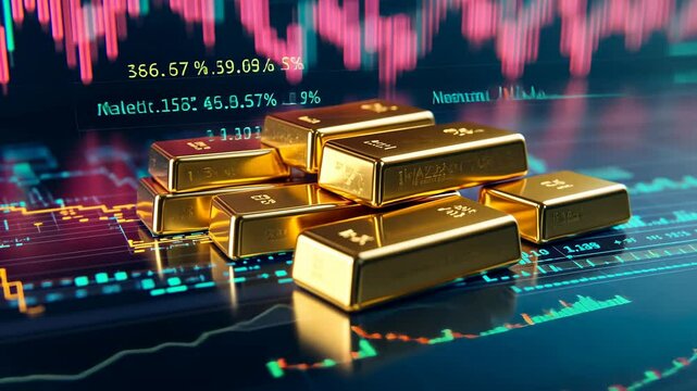 Gold bars and stock market charts on a digital background. Gold bullions or gold bricks for business, currency trading concept. Stock photo of financial success with copy space. 