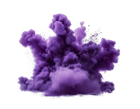 Bright purple smoke powder explosion clouds, dynamic movement, abstract art isolated on white or transparent png ,


