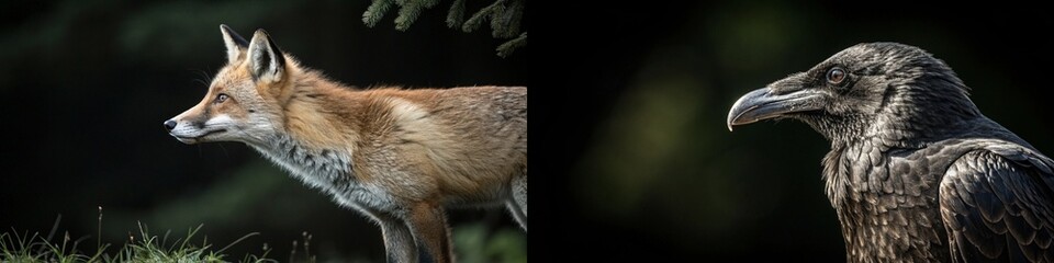 Fototapeta premium A fox and a raven side by side, highlighting their unique features and natural beauty.