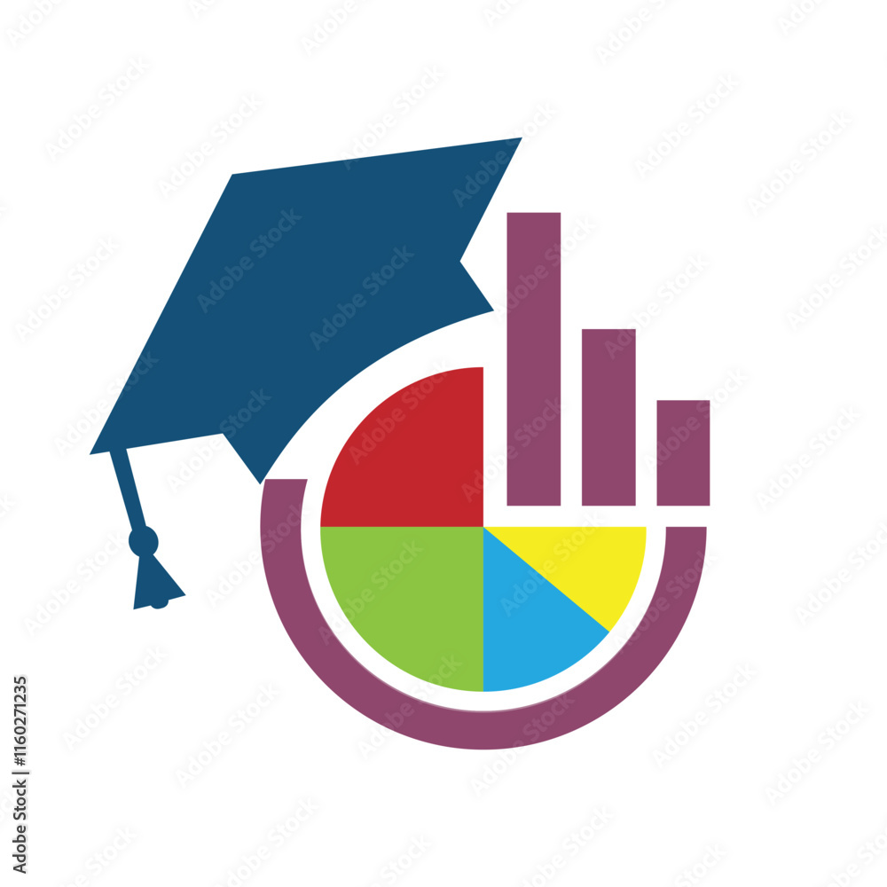 Poster the image shows a flat logo design of a pie chart and graph bar combined with a toga hat that looks 