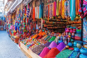Fototapeta premium A vibrant market scene showcasing colorful spices, textiles, and decorative items.