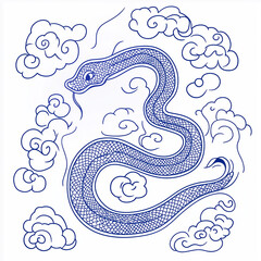 Fototapeta premium Snake illustration suitable for New Year's card in 2025, blue snake, Chinese zodiac, 12 zodiac, Year of the snake, New Year's card, Season's card, blue snake, Korea, Japan