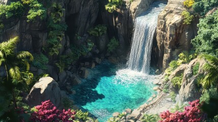 Naklejka premium Serene Waterfall Cascading into Turquoise Pool
