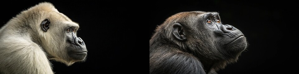 Obraz premium A powerful depiction of two gorillas in profile, showcasing their strength and expressions against a dark backdrop.