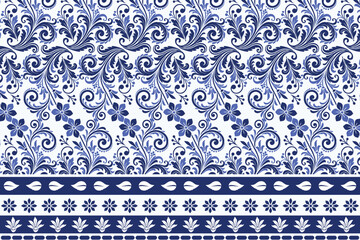 elegant blue seamless floral pattern with vintage arabesque border for bohemian textile prints and summer wallpaper design
