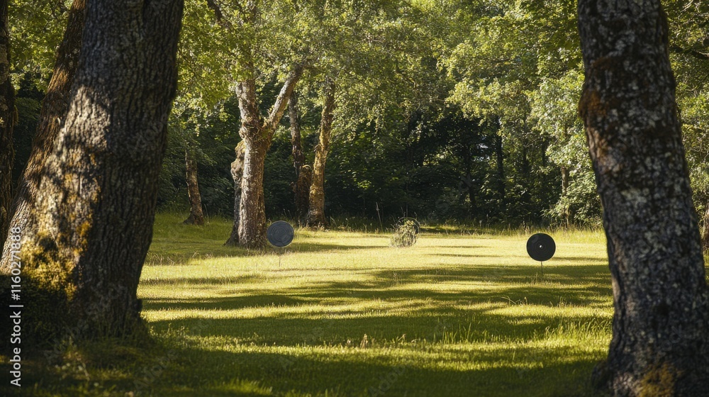 Poster an archery range nestled within a tranquil woodland clearing, targets surrounded by ancient oak tree