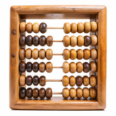 An old wooden abacus with colorful beads, set against a white background, ideal for historical, educational,