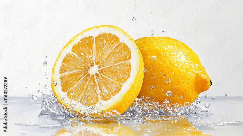 Poster fresh lemon splashing in water with slices and bubbles for culinary and beverage themes