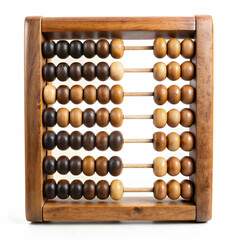 An old wooden abacus with colorful beads, set against a white background, ideal for historical, educational,