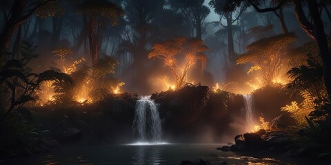 Fiery cascade lighting up the nighttime rainforest, flames, wild, inferno, lush