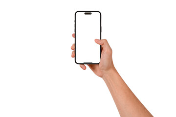 Hand showing smartphone with blank screen isolated.