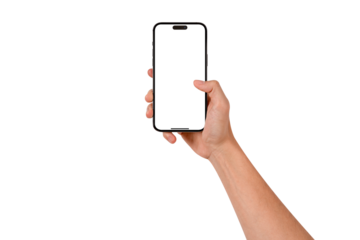 Hand showing smartphone with blank screen isolated.