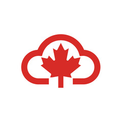 The image shows a flat logo design of a Canadian maple leaf inside a cloud in red color that looks clean on a white background
