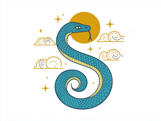 Naklejka premium Snake illustration suitable for New Year's card in 2025, blue snake, Chinese zodiac, 12 zodiac, Year of the snake, New Year's card, Season's card, blue snake, Korea, Japan
