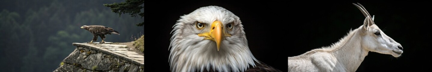 Obraz premium Stunning wildlife portraits showcasing an eagle, a majestic goat, and a striking white unicorn.