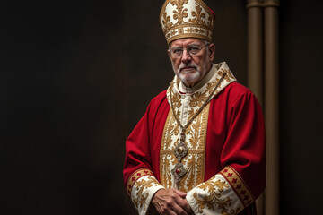 A dignified man is dressed in ornate religious attire, featuring a rich red robe and an intricately embroidered hat. The backdrop is dark, emphasizing the solemn expression and detailed clothing.