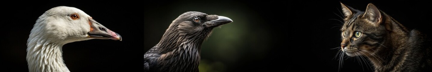 Obraz premium A captivating trio of a goose, raven, and cat, showcasing their expressive features and textures in detail.