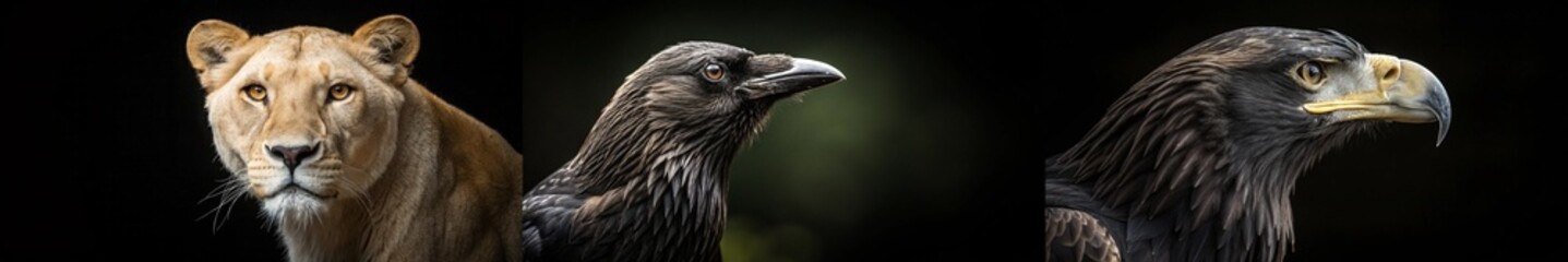 Fototapeta premium A lioness, raven, and eagle together, showcasing the beauty and power of wildlife.