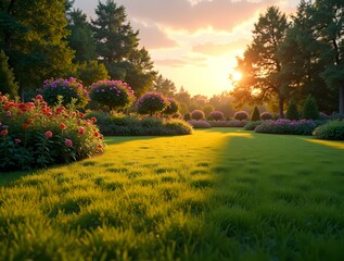 Fototapeta premium A well-kept garden at sunset with a lush green lawn and colorful flower beds