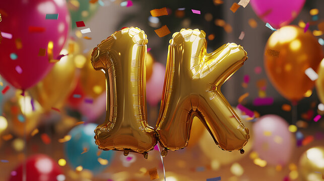 1000 subscribers celebration, foil golden balloons text "1K" with many colorful flying confetti