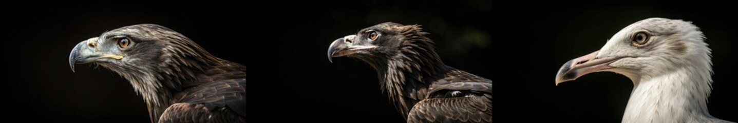 Fototapeta premium A captivating display of three birds of prey, showcasing their fierce profiles against a dark backdrop.