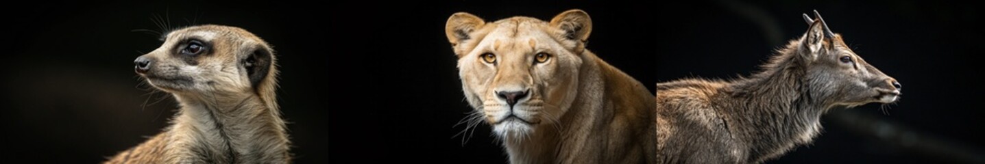 Fototapeta premium A striking trio of a meerkat, lioness, and goat, capturing their unique characteristics and expressions.