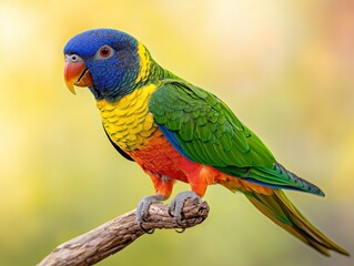 Naklejka premium Vibrant Rainbow Lorikeet Perched on a Branch Surrounded by Soft Natural Background