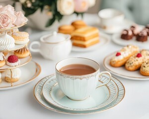 Afternoon tea setup with Mocha Mousse tablecloth, elegant china, and pastries